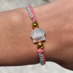 Handmade woven pink and blue zipper bracelet with pearl shell bead